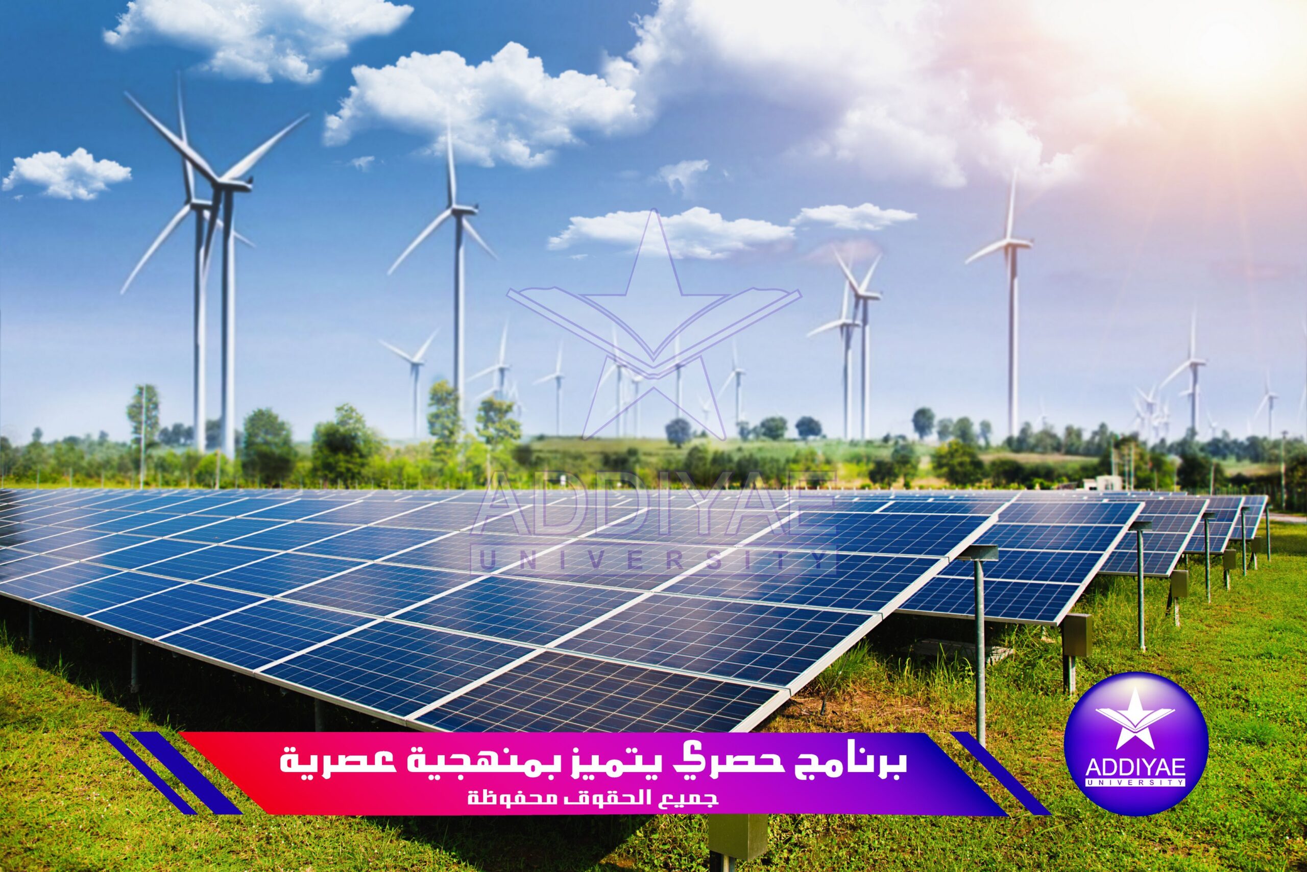 Solar panel with wind turbines against mountains and sky as back
