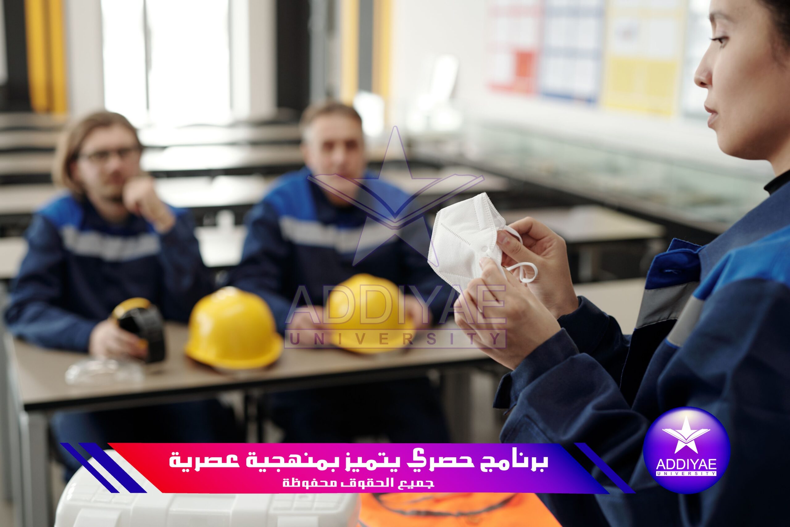 Woman demonstrating usage of protective mask while standing in front of colleagues in classroom